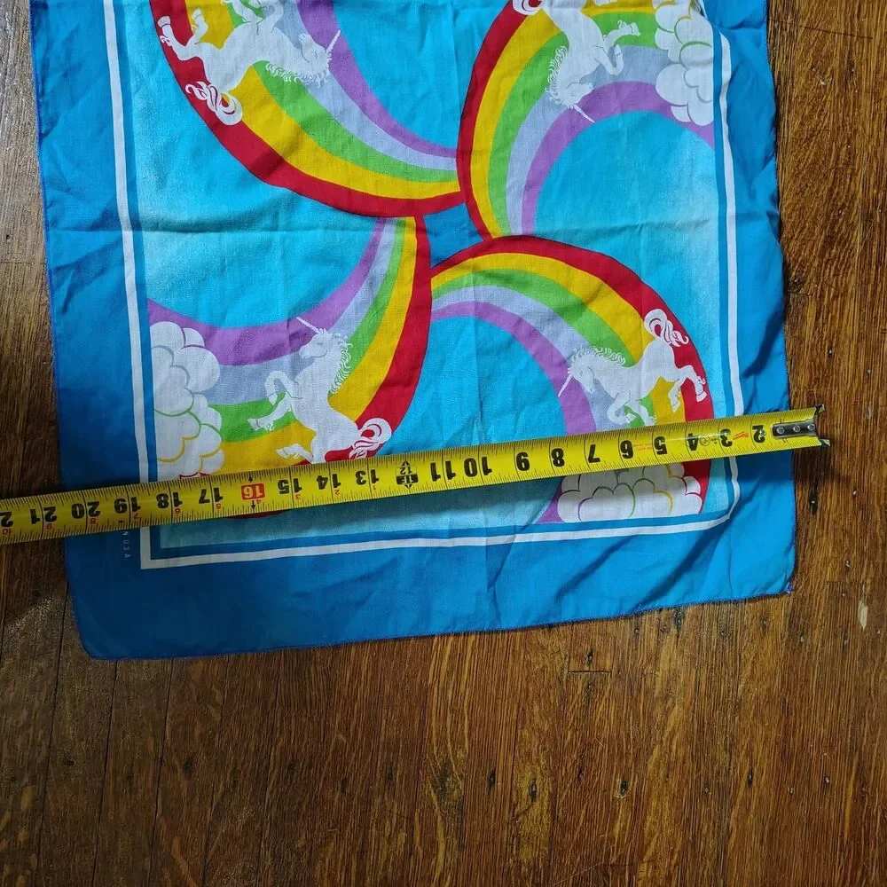 Vintage Unicorn Rainbow Bandana Scarf Handkerchief Blue USA Mythical Fantasy